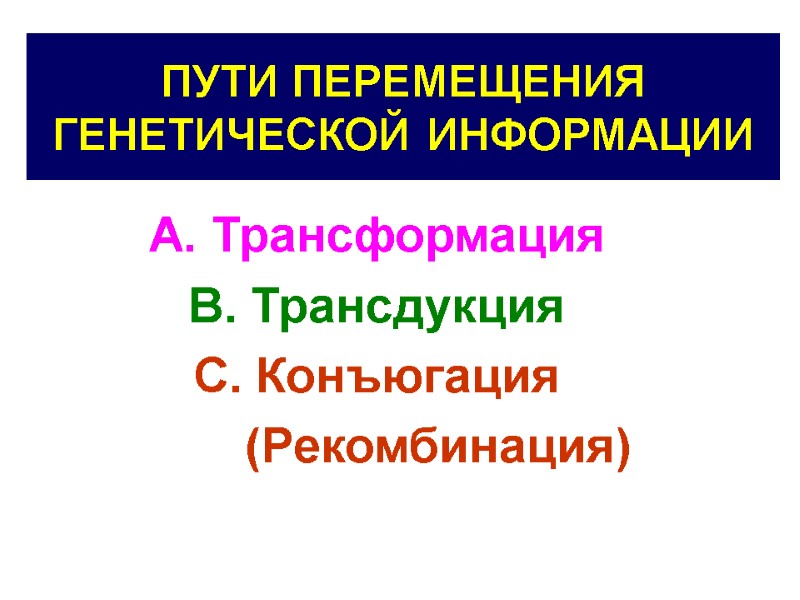 ПУТИ ПЕРЕМЕЩЕНИЯ ГЕНЕТИЧЕСКОЙ ИНФОРМАЦИИ A. Трансформация B. Трансдукция C. Конъюгация    